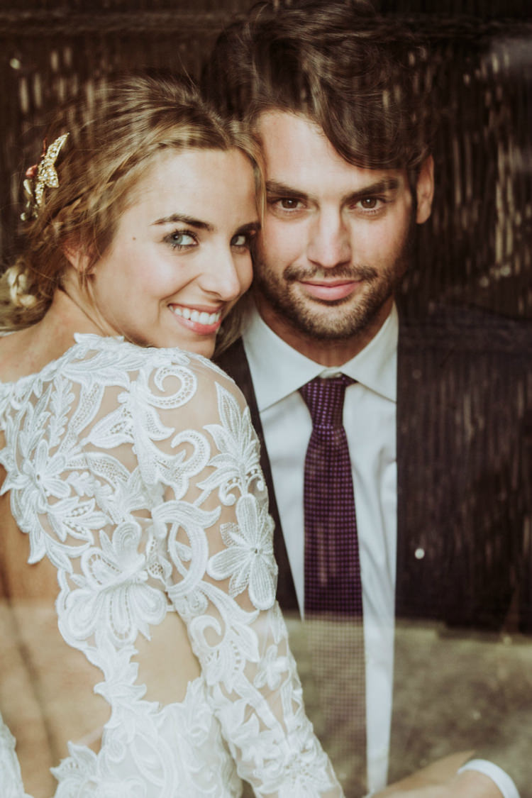 Bride Lace Backless Bridal Gown Intricate Autumn Leaves Headpiece Groom Charcoal Suit Purple Patterned Tie From Dawn To Eternity Autumnal Wedding Ideas http://www.nataliaibarra.com