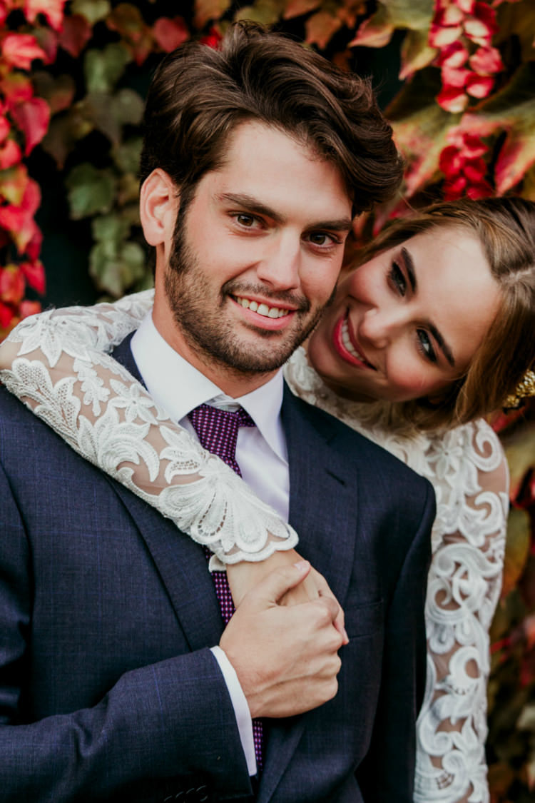 Bride Lace Backless Bridal Gown Groom Charcoal Suit Purple Patterned Tie Autumn Leaves From Dawn To Eternity Autumnal Wedding Ideas http://www.nataliaibarra.com