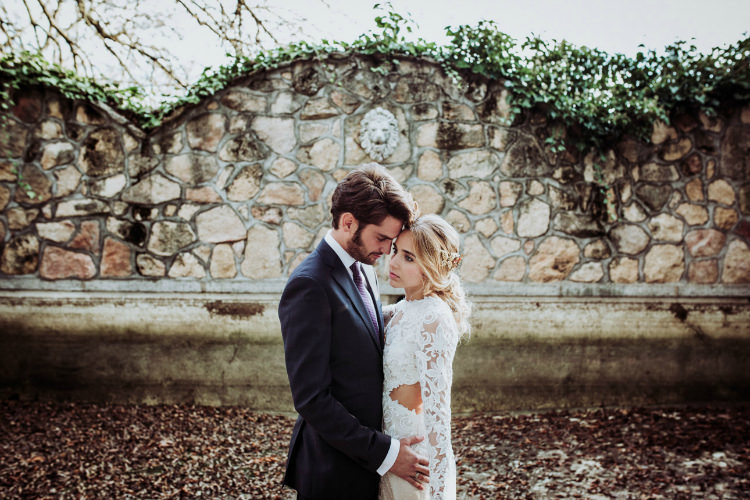 Bride Lace Backless Bridal Gown Intricate Autumn Leaves Headpiece Groom Charcoal Suit Purple Patterned Tie From Dawn To Eternity Autumnal Wedding Ideas http://www.nataliaibarra.com