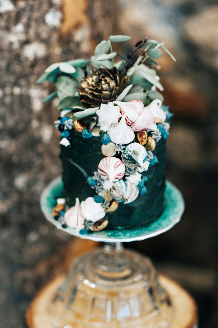 Shell Cake Sea Whimsical Black Green Gold Bohemian Mermaid Wedding Ideas https://www.elizaclaire.com/