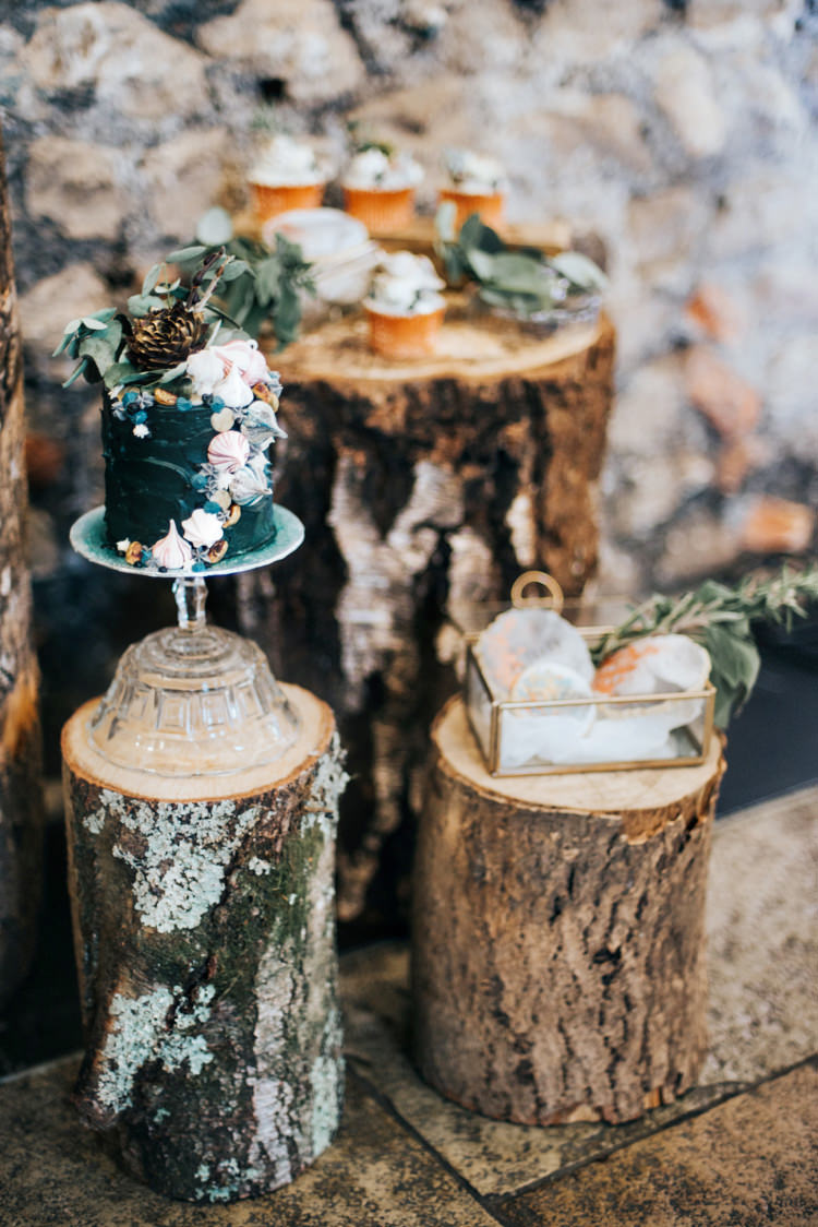 Cake Stand Log Tree Stump Bohemian Mermaid Wedding Ideas https://www.elizaclaire.com/