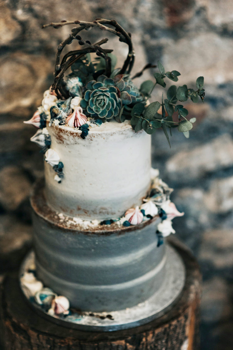 Grey White Cake Succulents Bohemian Mermaid Wedding Ideas https://www.elizaclaire.com/