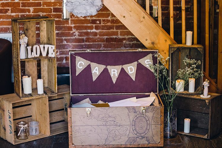 Card Suitcase Box Bunting Crates Decor Classic Rustic Home Made Country Wedding http://www.jessicareeve-photography.com/