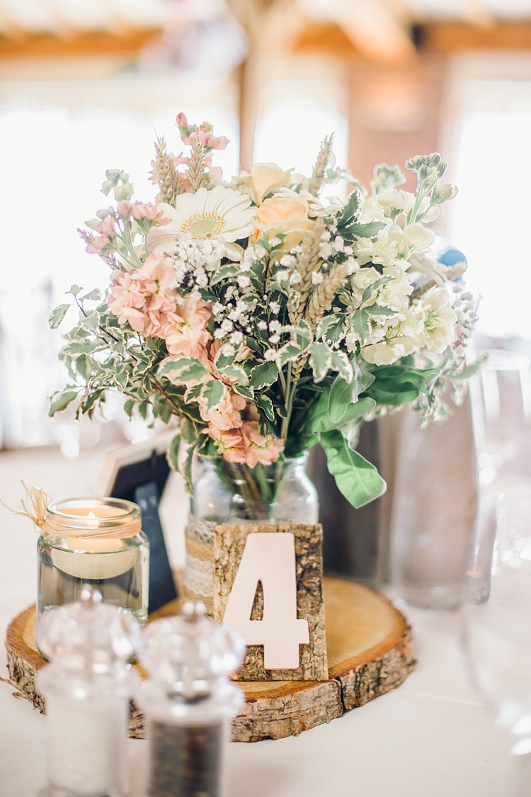 Centrepiece Decor Log Flowers Jar Table Number Candles Classic Rustic Home Made Country Wedding http://www.jessicareeve-photography.com/