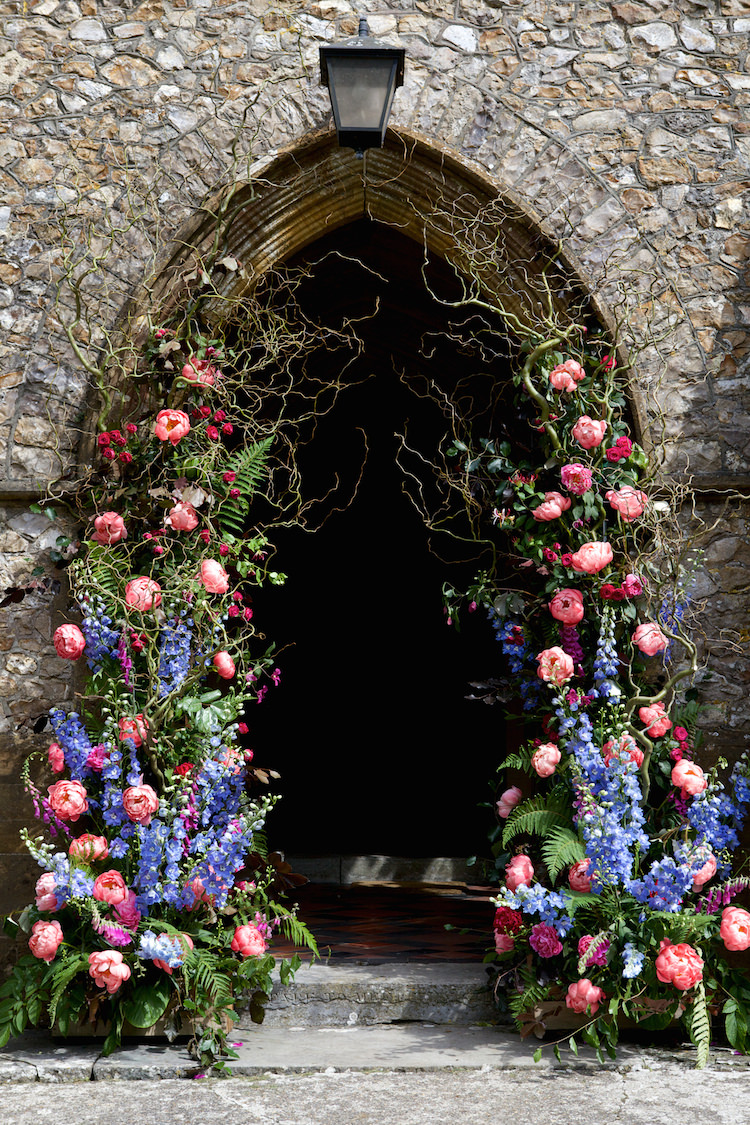 Church Flowers Arch Entrance Display Pink Blue Summer Floral Artistic Farm Wedding http://elizabetharmitage.com/