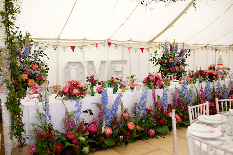Marquee Flowers Top Table Summer Garden Wild Large Pink Blue Floral Artistic Farm Wedding http://elizabetharmitage.com/
