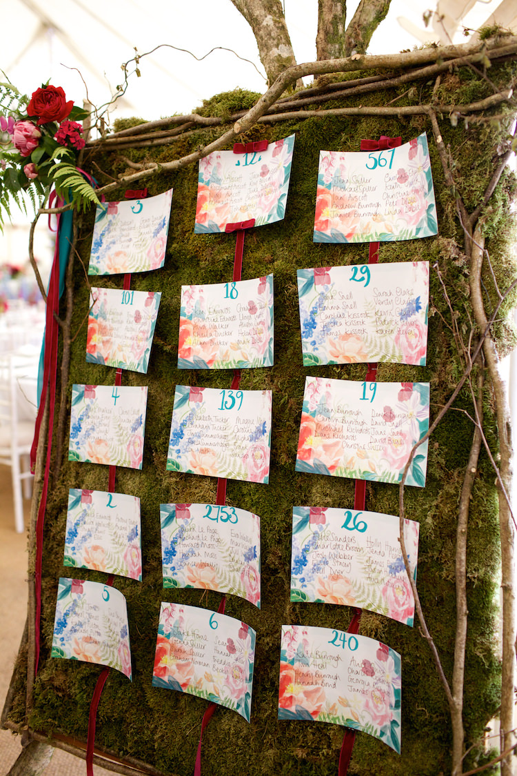 Moss Flowers Branches Seating Plan Table Chart Floral Artistic Farm Wedding http://elizabetharmitage.com/