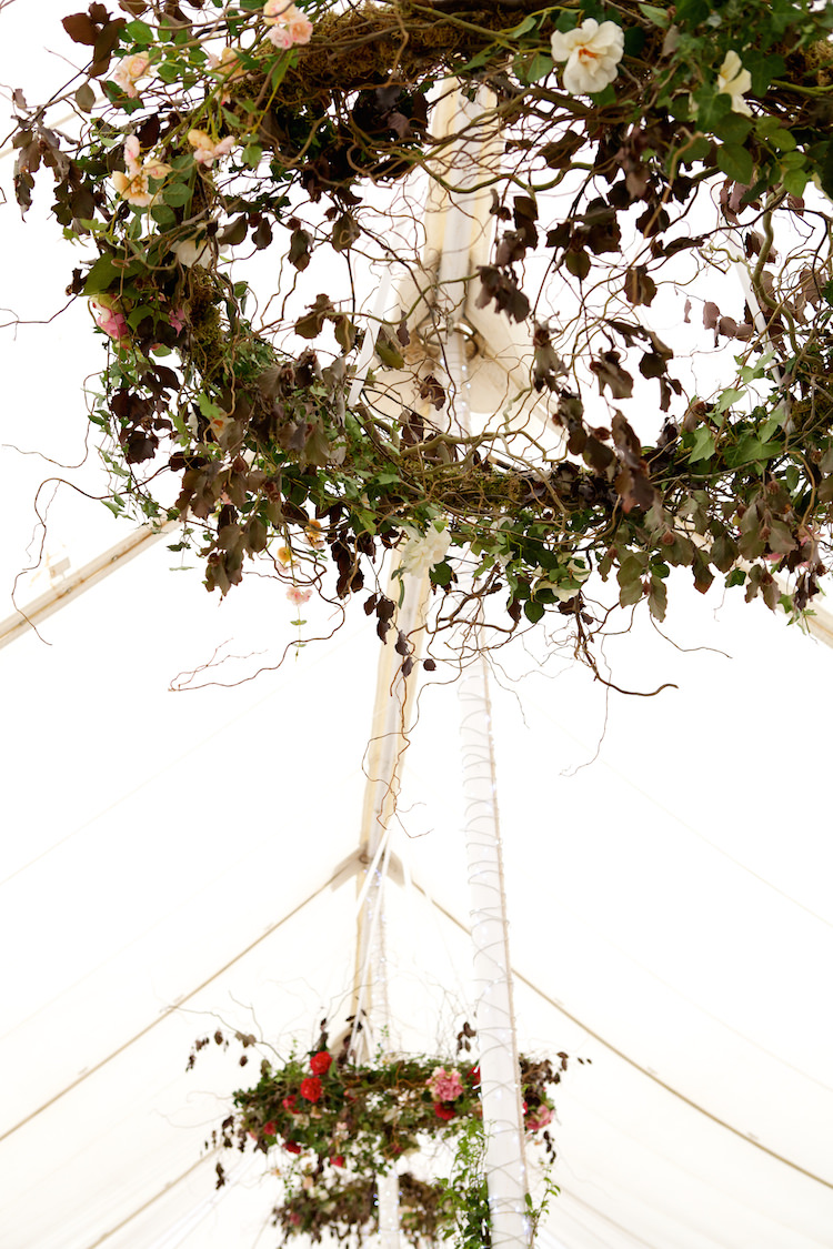 Chandeliers Hoops Hanging Flowers Floral Artistic Farm Wedding http://elizabetharmitage.com/