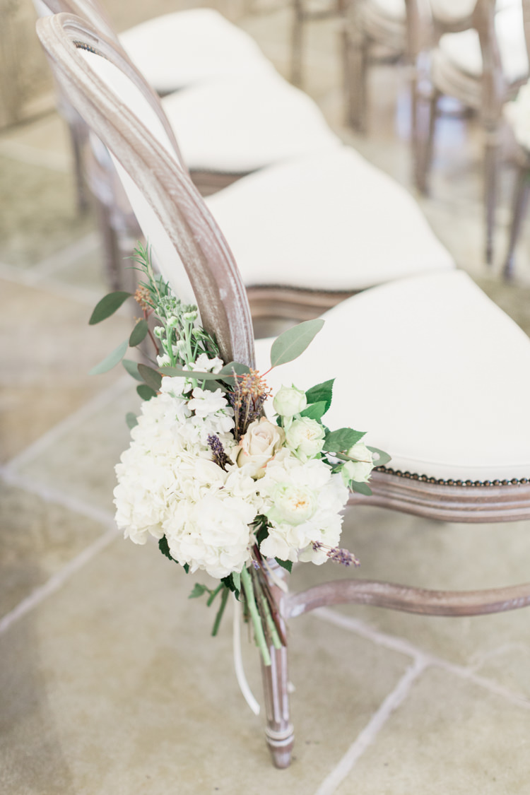Chair Flowers Aisle Ceremony Decor Pew End White Hydrangeas Roses Whimsical Elegant Classic Wedding http://katymelling.com/