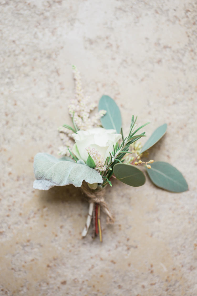 Rose Rosemary Twine Buttonhole Foliage White Whimsical Elegant Classic Wedding http://katymelling.com/