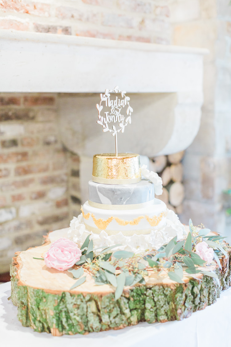 Cake Metalic Gold Grey Log Stand Whimsical Elegant Classic Wedding http://katymelling.com/