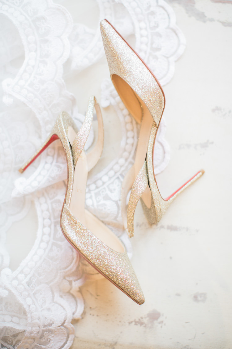 Christian Louboutin Gold Glitter Shoes Heels Bride Bridal Slingbacks Whimsical Elegant Classic Wedding http://katymelling.com/