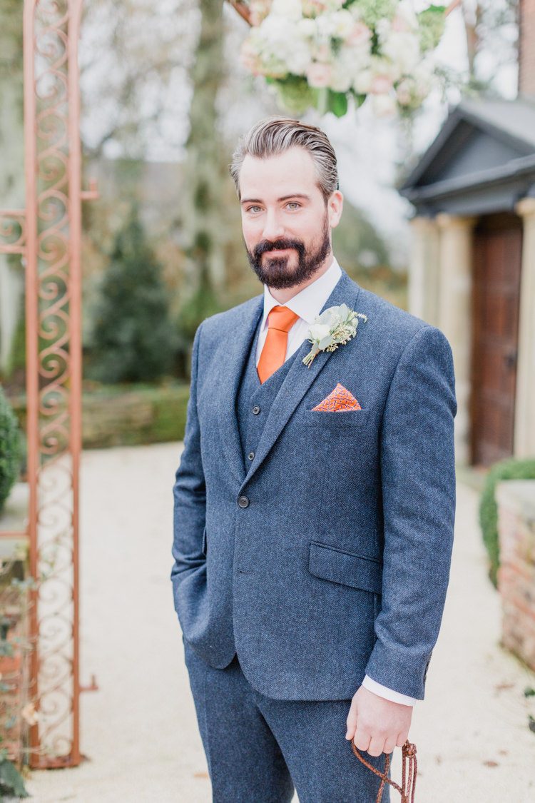 Blue Tweed Suit Orange Tie Groom Whimsical Elegant Classic Wedding http://katymelling.com/
