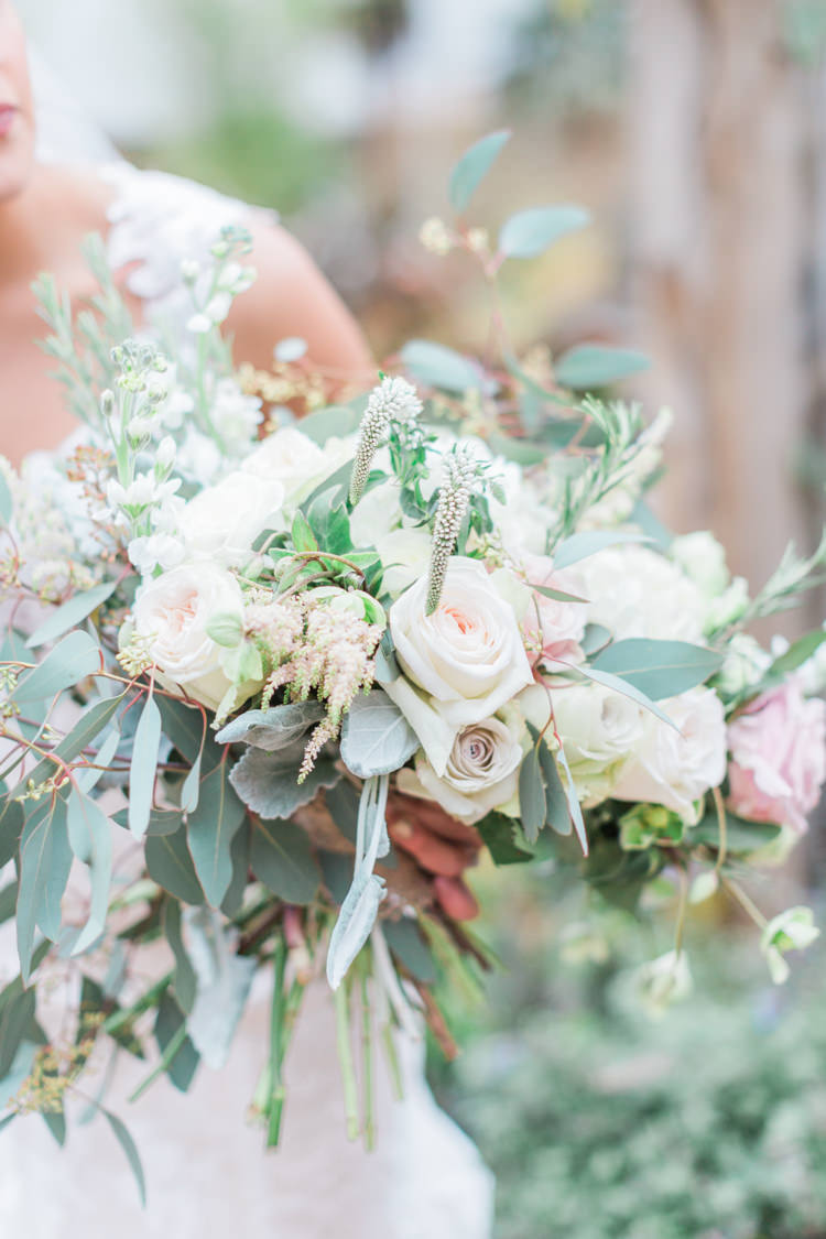Bouquet Flowers Bride Bridal Pink Rose White Cream Foliage Greenery Whimsical Elegant Classic Wedding http://katymelling.com/