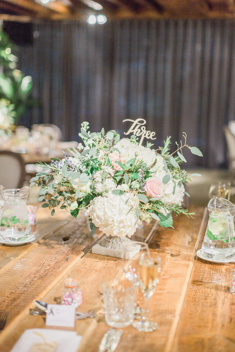 Table Flowers Centrepiece Hydrangeas White Pink Roses Foliage Whimsical Elegant Classic Wedding http://katymelling.com/