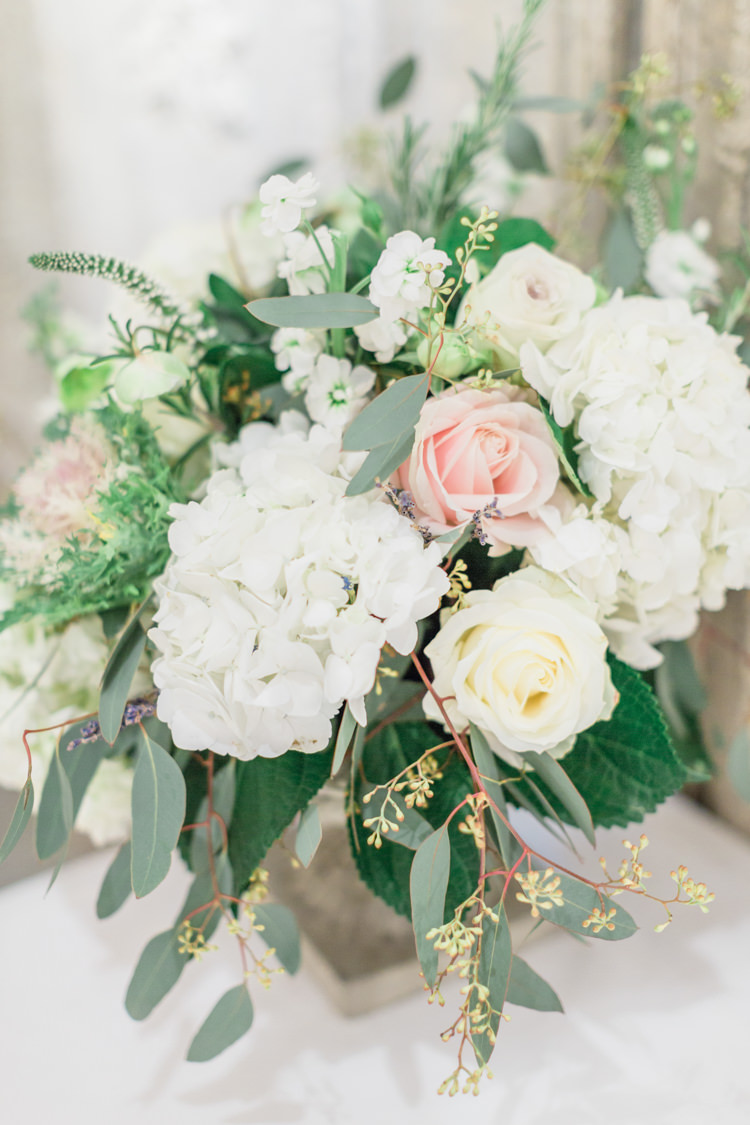 Table Flowers Decor White Cream Pink Rose Hydrangea Foliage Whimsical Elegant Classic Wedding http://katymelling.com/