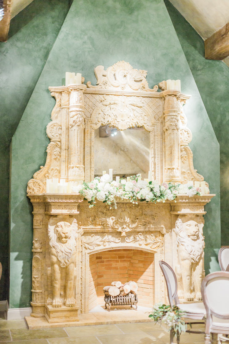 Fireplace Mantle Decor Flowers Candles Whimsical Elegant Classic Wedding http://katymelling.com/