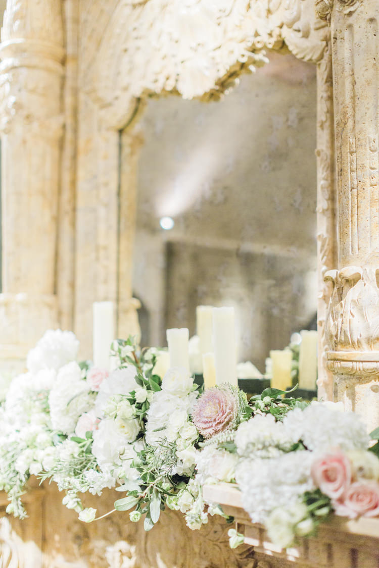 Fireplace Mantle Flowers Candles Decor Whimsical Elegant Classic Wedding http://katymelling.com/