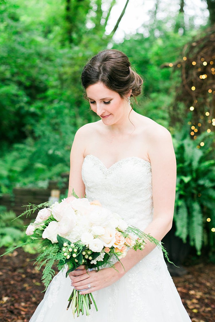 Bride Embellished Strapless Bridal Gown Soft Bun Hairstyle Bouquet Pale Pink White Roses Flower Farm Outdoor Wedding Minnesota http://eileenkphoto.com/