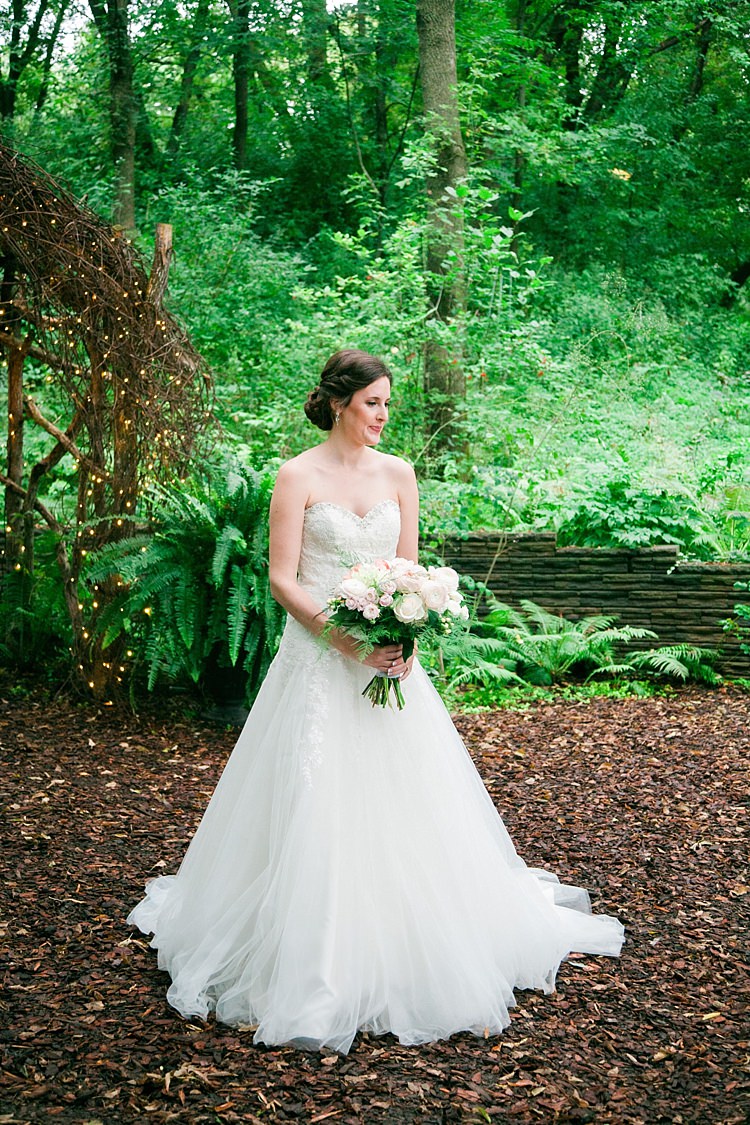 Bride Embellished Strapless Bridal Gown Soft Bun Hairstyle Bouquet Pale Pink White Roses Flower Farm Outdoor Wedding Minnesota http://eileenkphoto.com/