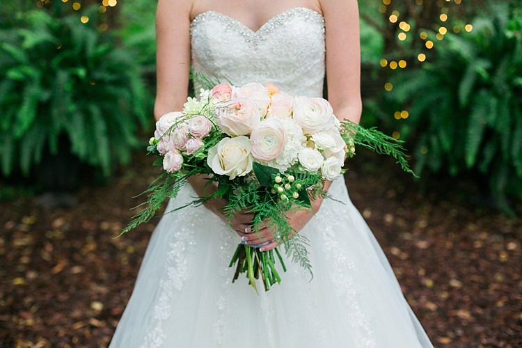 Bride Embellished Strapless Bridal Gown Pale Pink White Bouquet Roses Garden Roses Greenery Fairy Lights Flower Farm Outdoor Wedding Minnesota http://eileenkphoto.com/