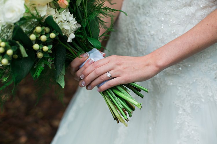 Bride Embellished Strapless Bridal Gown Bouquet Pale Pink White Florals Round Diamond Engagement Ring Flower Farm Outdoor Wedding Minnesota http://eileenkphoto.com/