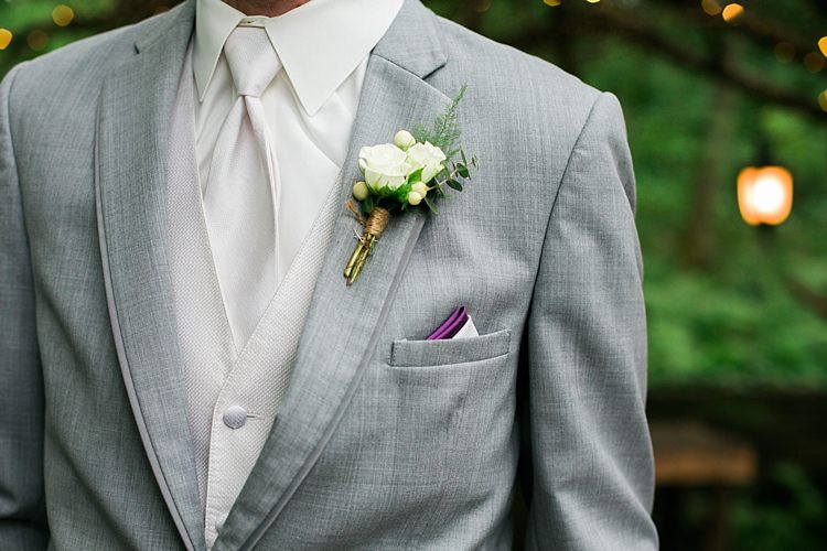 Groom Light Grey Suit White Vest White Tie Purple Pocket Square White Rose Buttonhole Flower Farm Outdoor Wedding Minnesota http://eileenkphoto.com/