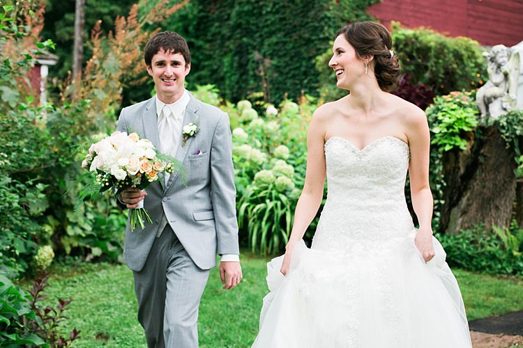 Bride Embellished Strapless Bridal Gown Bouquet Pale Pink White Roses Groom Light Grey Suit White Vest White Tie Tan Shoes Flower Farm Outdoor Wedding Minnesota http://eileenkphoto.com/