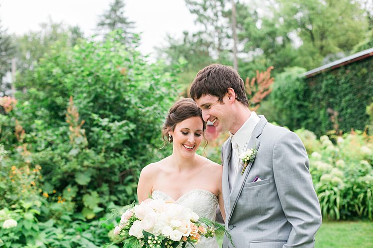 Bride Embellished Strapless Bridal Gown Bouquet Pale Pink White Roses Groom Light Grey Suit White Vest White Tie Flower Farm Outdoor Wedding Minnesota http://eileenkphoto.com/