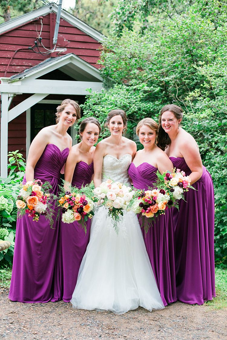 Bride Embellished Strapless Bridal Gown Bouquet Pale Pink White Roses Bridesmaids Purple Strapless Dresses Bright Multicoloured Bouquets Flower Farm Outdoor Wedding Minnesota http://eileenkphoto.com/