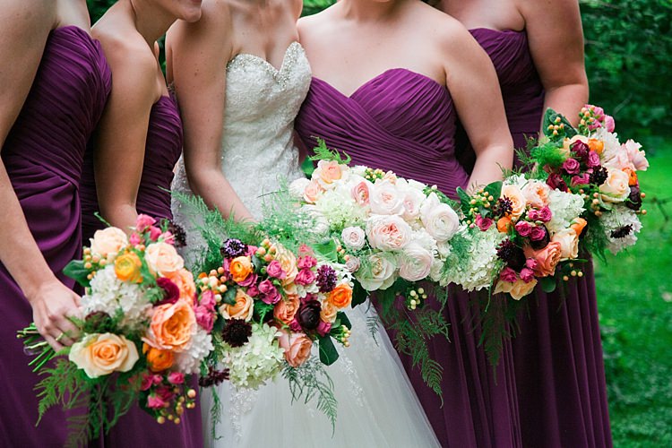 Bride Embellished Strapless Bridal Gown Bouquet Pale Pink White Roses Bridesmaids Purple Strapless Dresses Bright Multicoloured Bouquets Flower Farm Outdoor Wedding Minnesota http://eileenkphoto.com/