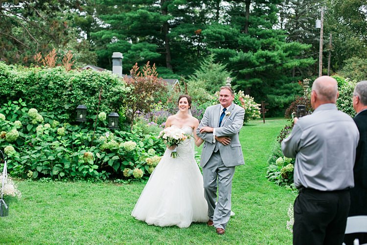 Outdoor Ceremony Bride Embellished Strapless Bridal Gown Bouquet Pale Pink White Roses Father Guests Flower Farm Outdoor Wedding Minnesota http://eileenkphoto.com/