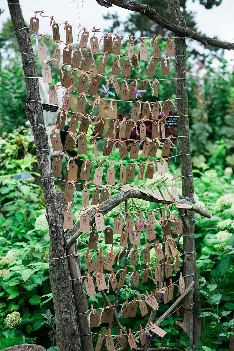 Table Seating Chart Handwritten Tags Pegs Tree Branch Frame Mini Blackboard Signs Flower Farm Outdoor Wedding Minnesota http://eileenkphoto.com/