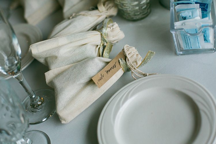 Reception Guest Favours Cloth Bags Gold Ribbon Handwritten Thank You Tags Flower Farm Outdoor Wedding Minnesota http://eileenkphoto.com/