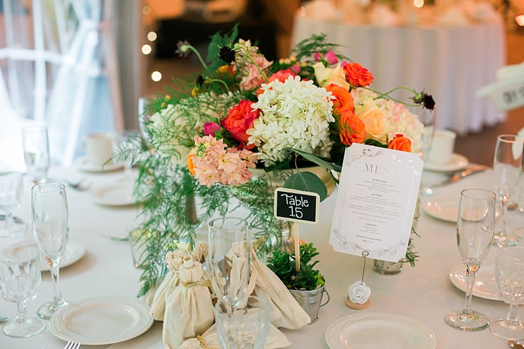 Reception Table Setting Bright Multicoloured Floral Centrepiece Mini Blackboard Table Number Guest Favours Menu Flower Farm Outdoor Wedding Minnesota http://eileenkphoto.com/
