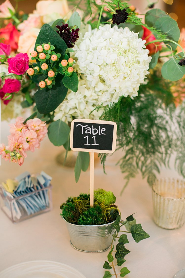 Reception Table Setting Bright Multicoloured Floral Centrepiece Mini Blackboard Table Number Greenery Flower Farm Outdoor Wedding Minnesota http://eileenkphoto.com/