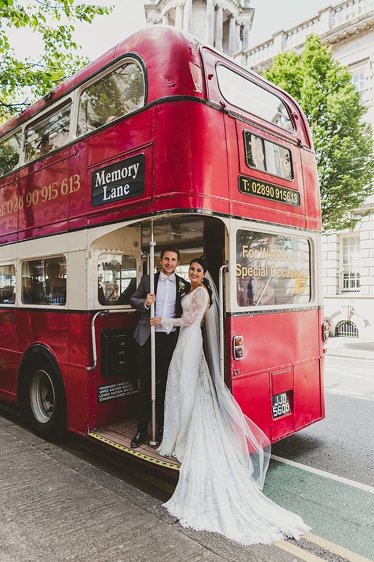 Red Double Decker Bus Transport Glamorous Gatsby City Hall Wedding http://www.emmakenny.com/