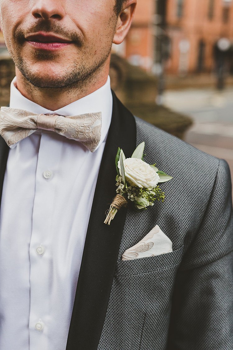 Bow Tie Rose Buttonhole Groom Glamorous Gatsby City Hall Wedding http://www.emmakenny.com/ 