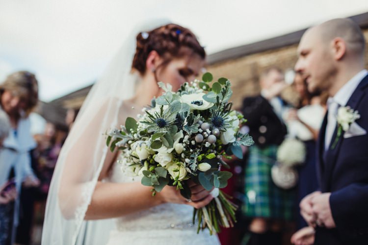 Bouquet Grey Cream Greenery Foliage Anemones Thistle Bride Bridal Flowers Simple Rustic Cosy Winter Wedding http://aniaames.co.uk/