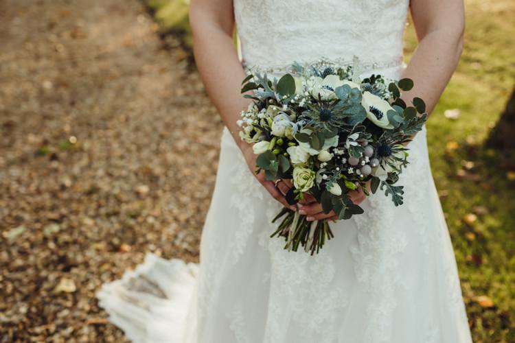 Bouquet Grey Cream Greenery Foliage Anemones Thistle Simple Rustic Cosy Winter Wedding http://aniaames.co.uk