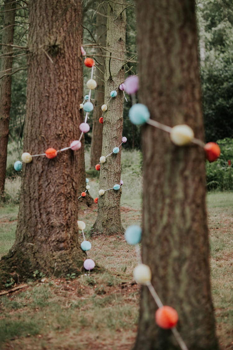 Pom Pom Garland Trees Woodland Countryside Camp Wedding http://www.joannanicolephotography.com/