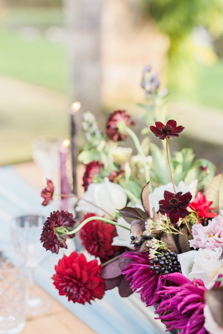 Flowers Table Decor Red Dahlia Foliage Ribbons Dreamy Luxe Autumn Wedding Ideas http://suzanneli.co.uk/