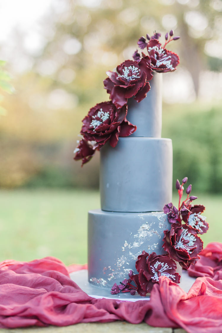 Grey Marsala Red Floral Cake Dreamy Luxe Autumn Wedding Ideas http://suzanneli.co.uk/