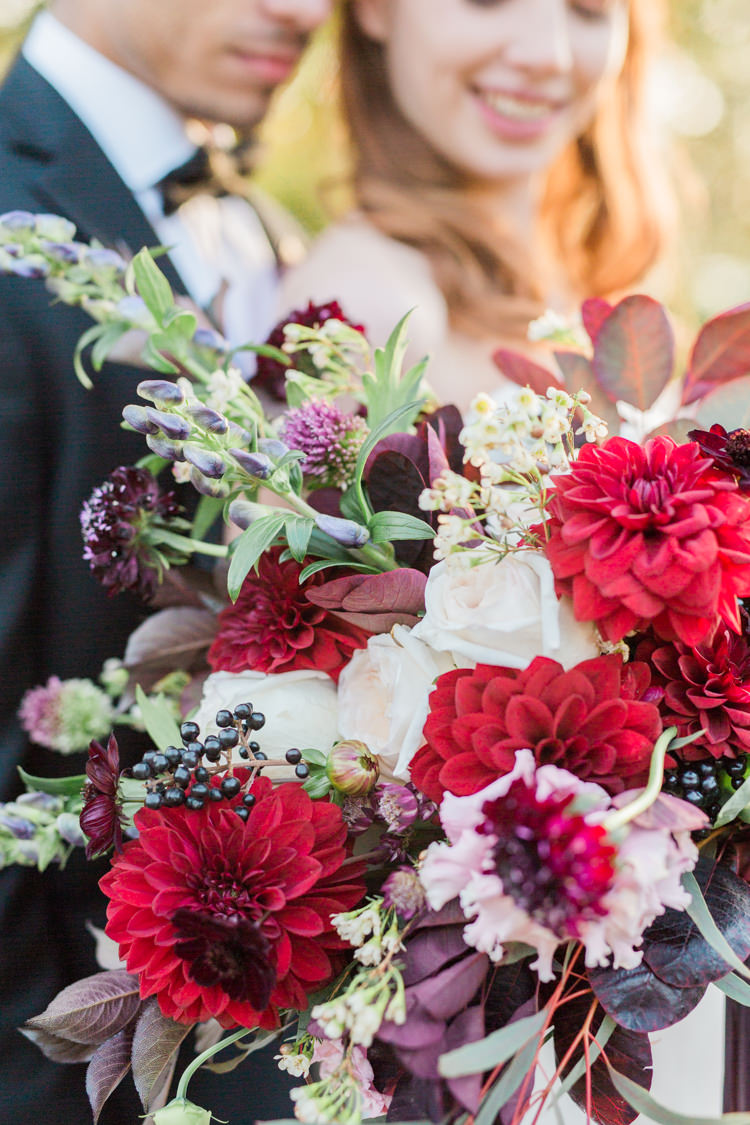 Bouquet Flowers Bride Bridal Red Dahlia Foliage Ribbons Dreamy Luxe Autumn Wedding Ideas http://suzanneli.co.uk/