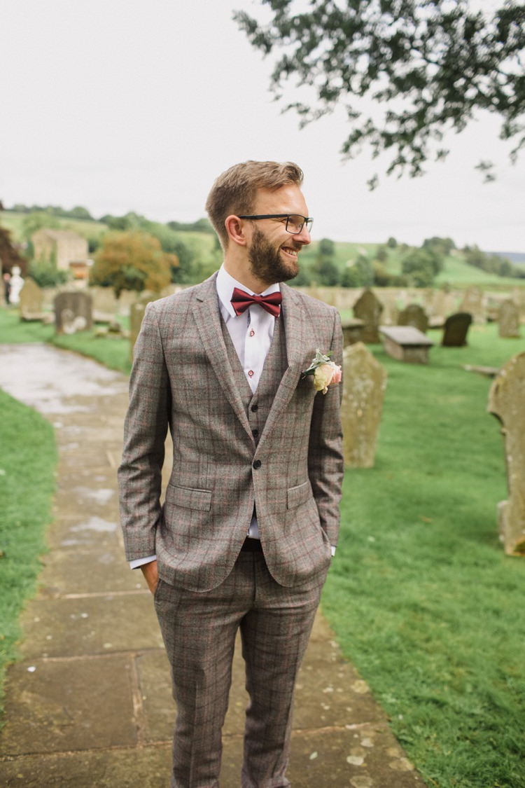 Check Wool Brown Tweed Suit Bow Tie Groom Summer Country Pastels Wedding http://jesspetrie.com/