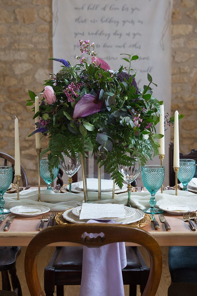 Tablescape Decor Glasses Purple Green Flowers Candles Chic Secret Garden Wedding Ideas http://marysmithphotography.com/