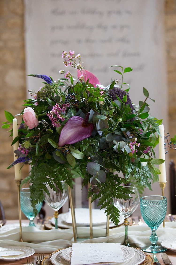 Purple Green Flowers Table Centrepiece Greenery Foliage Chic Secret Garden Wedding Ideas http://marysmithphotography.com/