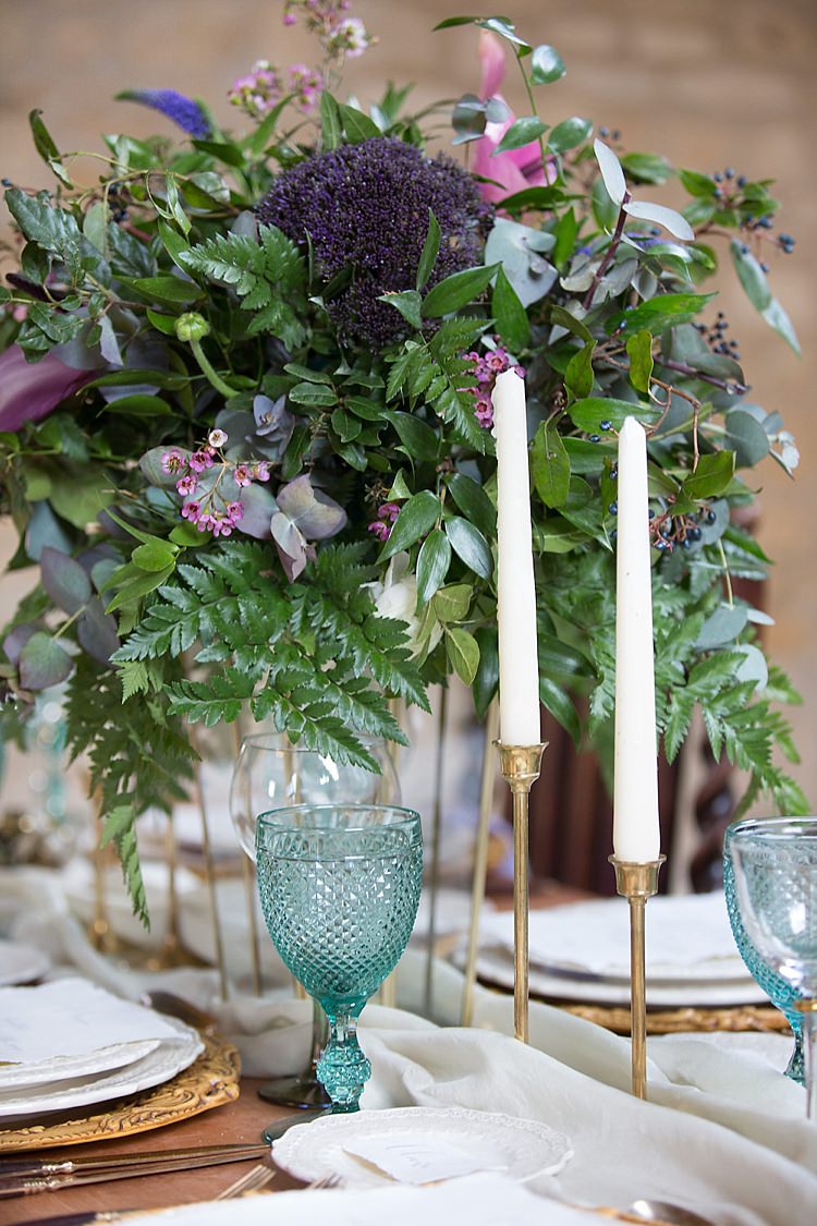 Tablescape Decor Chairs Flowers Candles Purple Green Chic Secret Garden Wedding Ideas http://marysmithphotography.com/