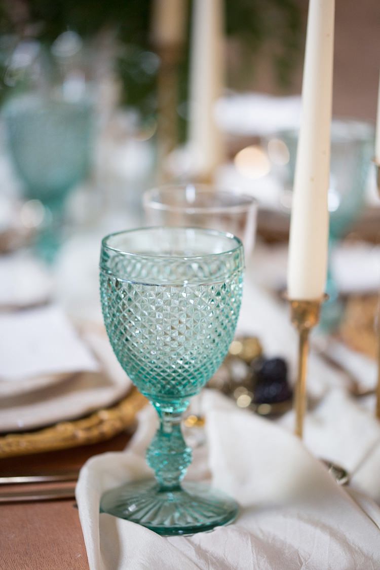Blue Glasses Table Decor Chic Secret Garden Wedding Ideas http://marysmithphotography.com/