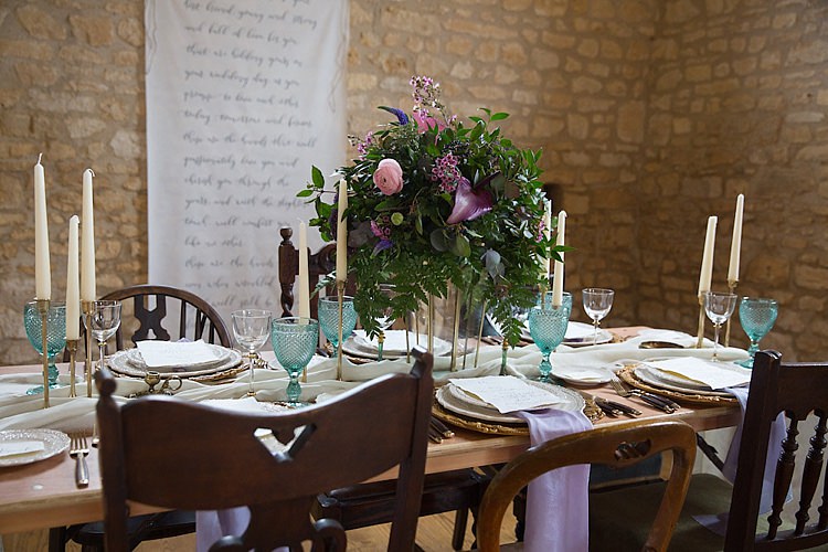 Tablescape Decor Chairs Flowers Candles Purple Green Chic Secret Garden Wedding Ideas http://marysmithphotography.com/